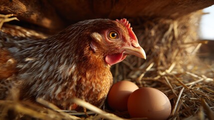 Close-up of a Chicken Nesting in Straw with Fresh Eggs Under Warm Morning Light on a Farm Setting