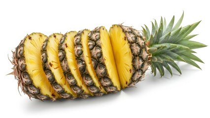 Vibrant tropical pineapple, freshly cut into uniform, juicy segments, beautifully arranged on a pristine white backdrop, showcasing its delicious texture and natural sweetness