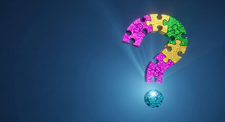 Question mark made of puzzle pieces, with circuit board texture, hovering above a sphere with similar circuit design, represents problem solving, solution