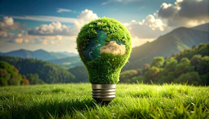 Green Earth Light Bulb in Nature Symbolizes Environmental Protection