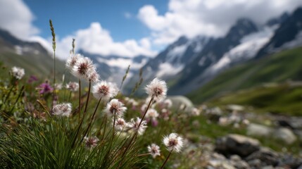 Beautiful meadow adorned with delicate flowers in a breathtaking mountainous landscape under a serene blue sky with soft clouds
