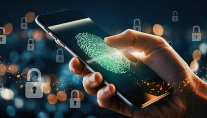 Modern smartphone with fingerprint scanner shows digital security feature in action with city lights in background