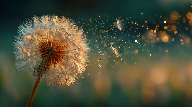 Magical dandelion seeds blowing in the wind representing freedom, hope and making a wish