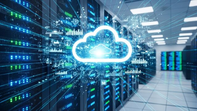 Digital Cloud Computing Data Center Servers with Glowing Cloud Icon - Powered by Adobe
