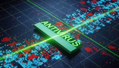 Antivirus software protects computers, showing data flow and threats in a digital environment with bright graphics and visual effects