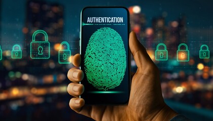 Digital security display with fingerprint identification on smartphone in urban setting at night