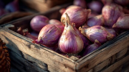 Fresh and Organic Red Onions in Rustic Wooden Basket at Local Farmers Market, Perfect for Culinary and Healthy Eating Photography