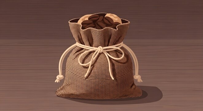 Illustration of coffee beans in a burlap sack tied with string o