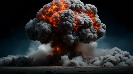 Massive Nuclear Explosion Fireball Mushroom Cloud Dark Sky Fiery Debris Sparks Intense Blast Wave Smoke Plume - Powered by Adobe