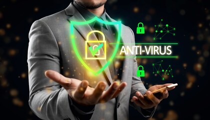 Man shows smartphone with antivirus protection symbol during presentation on cybersecurity at office event in modern setting