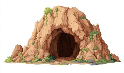 Cartoon cave entrance with rocky texture and green foliage on white background mountain natural
