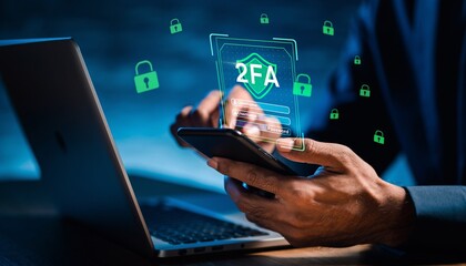 User engages in two-factor authentication on a smartphone next to a laptop in a dimly lit workspace