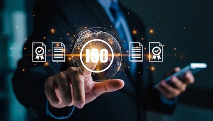 Business professional interacts with global certification symbols and standards in an office setting using digital technology on a smartphone