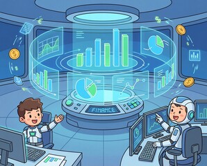 Futuristic Financial Data Analysis Room With Two People And Holographic Charts Displaying Growth Statistics