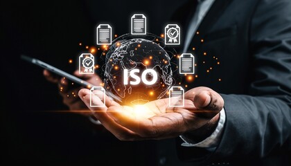 Hands hold a glowing globe with ISO icons while a phone is in the other hand in an office setting