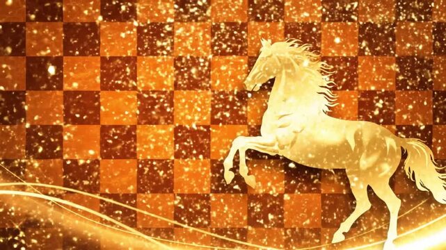 Golden horse rearing against a checkered background with sparkling lights and swirling energy effects