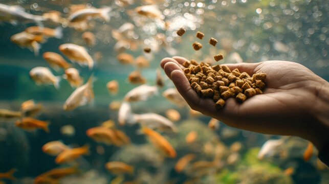 Hand feeding pellets into fish tank