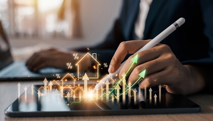 Business professional uses tablet to analyze real estate market data with graphs and numbers indicating trends and growth