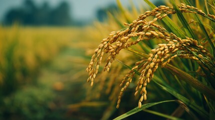 Fototapeta premium Golden Rice Fields in Late Summer with Lush Green Background and Soft Focus on Rice Crops Ready for Harvesting Under a Clear Blue Sky