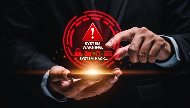 Warning about system hack with person using phone in dark setting showing alert on screen