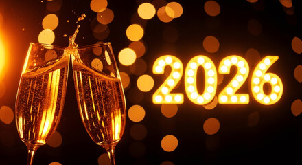 Two Sparkling champagne flutes clinking together in celebration, with bright bokeh lights and glowing numbers representing New Year 2026, creating a festive atmosphere for holiday festivities