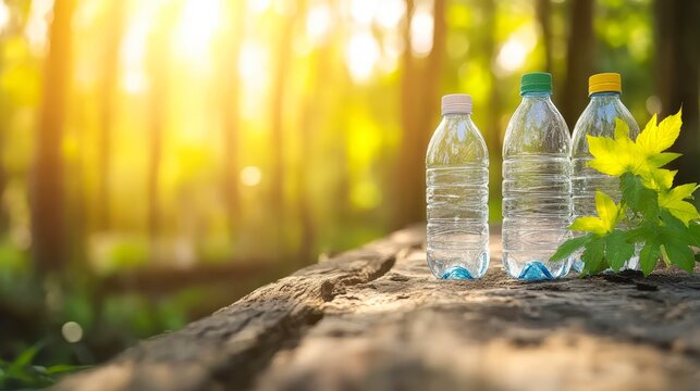Three plastic water bottles are positioned on a log in a sunlit forest, surrounded by lush greenery, This image can be used for topics related to environmental awareness and healthy hydration, - Powered by Adobe