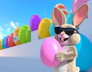 Happy 3d Animated Bunny in Sunglasses Holds Pink Easter Egg