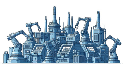 Obraz premium Intricate pixel art illustration of a sprawling futuristic industrial complex, showcasing advanced automated manufacturing with multiple robotic arms and sophisticated machinery
