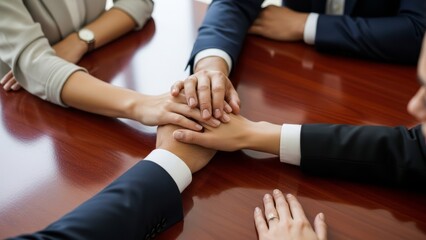 Professionals unite their hands in a symbolic gesture of teamwork and collaboration, fostering unity and strong partnership in a business environment