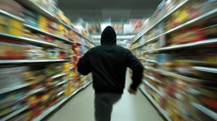 Criminal escaping from a blurred supermarket
