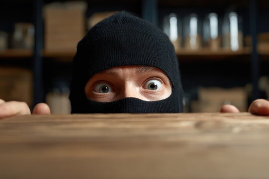 Sneaky thief peeking from behind wood