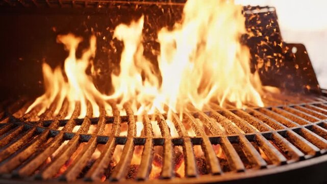 A fiery close up view of a charcoal grill with intense flames and glowing embers inside