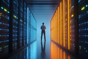 Professional man standing by glowing server racks