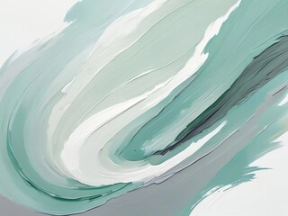 Minimalist pastel painting with green, brown, teal and gray on light aquamarine and white Cloud Dancer background for calming design themes