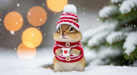 Adorable chipmunk wearing festive red and white sweater and hat holding a cup, poses in the snow, surrounded by colorful bokeh lights, embodying warmth of holiday Christmas and New Year celebrations