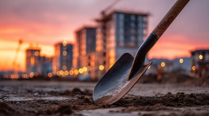 Digging tool at urban building site dusk