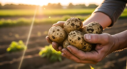 Farmer holding quail eggs in rural field at sunset