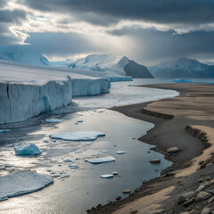 Ecology, climate, Icebergs melting into river with sandy shore in glacial landscape  