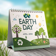Earth Day calendar on wooden table in sunny outdoor setting  