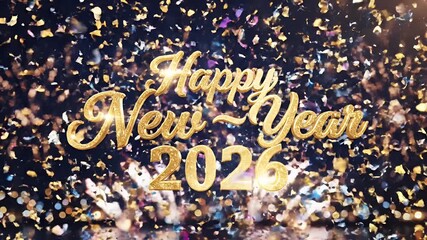 Happy New Year 2026 Greeting with Falling Confetti and Sparkles