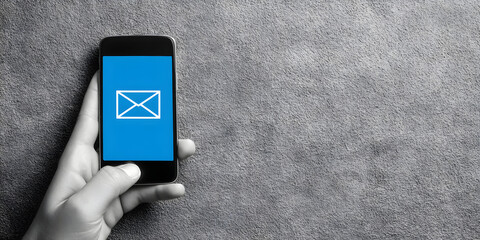 Hand holding smartphone with email icon flat lay technology minimal