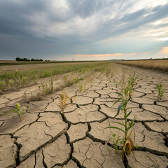 Dried cracked earth with sparse green plants under cloudy sky, Ecology, climate,  