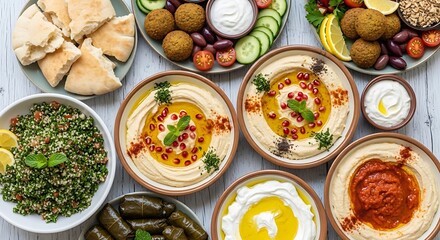 Assorted middle eastern dishes with dips and vegetables on rustic background