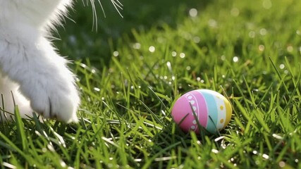 Easter Bunny paw reaching towards colorful Easter egg on green grass  