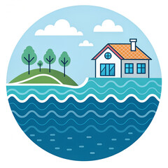 Coastal house surrounded by trees and wavy ocean in circular design  