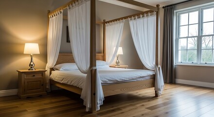 Luxurious bedroom with canopy bed and natural light in serene setting