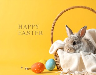 Happy Easter Banner with Cute Rabbit in a Basket and Colorful Eggs on Yellow