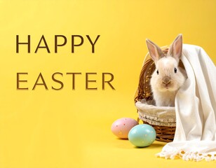 Happy Easter Banner with a Cute Bunny in a Basket and Pastel Eggs on Yellow