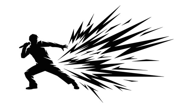 Powerful silhouette of a person shouting or singing into a microphone with an explosive energy burst on an isolated white background.