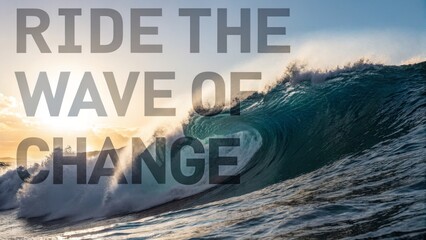 A powerful wave cresting with text against the sun